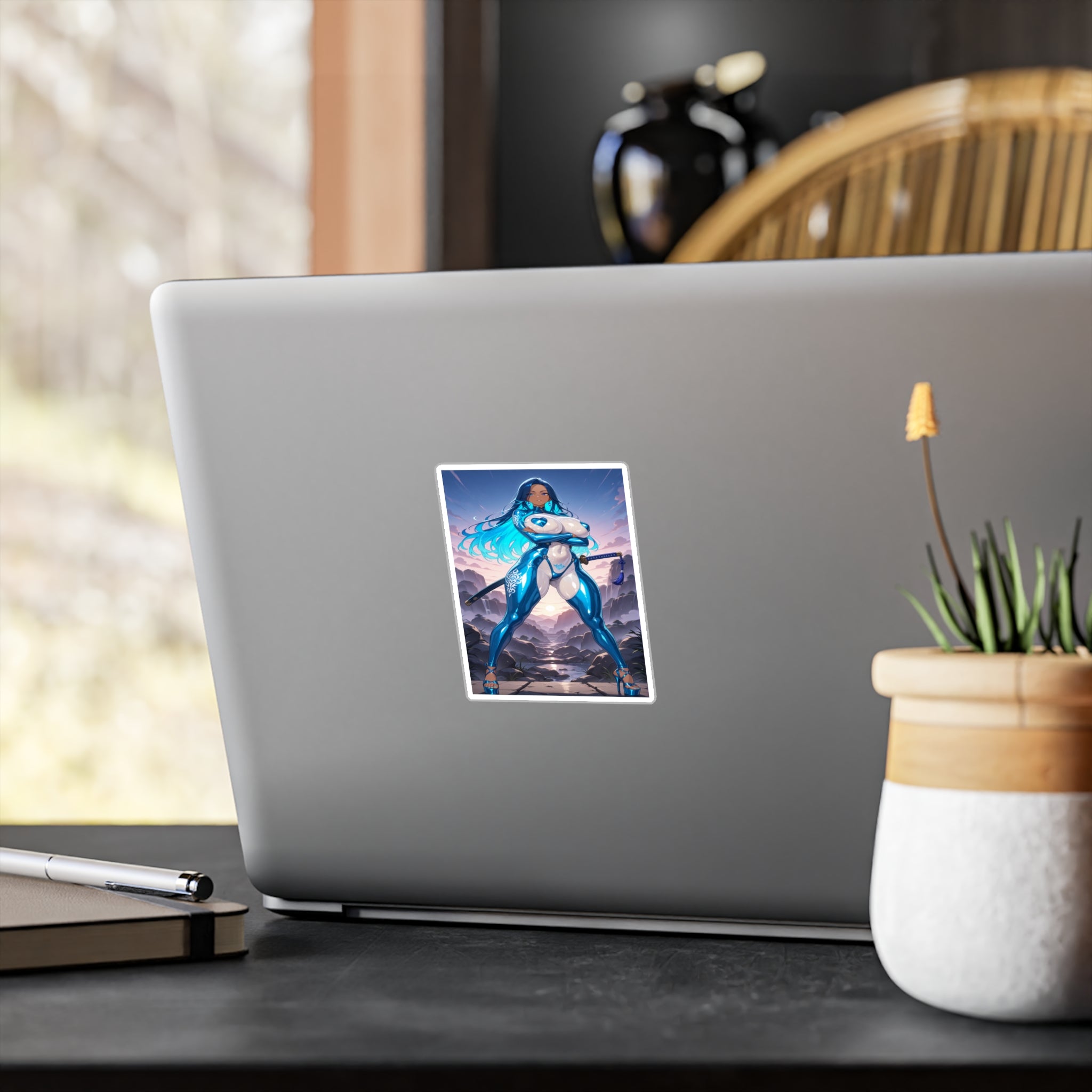 Anime Girl Warrior Vinyl Decal — Blue Neon Anime Sticker