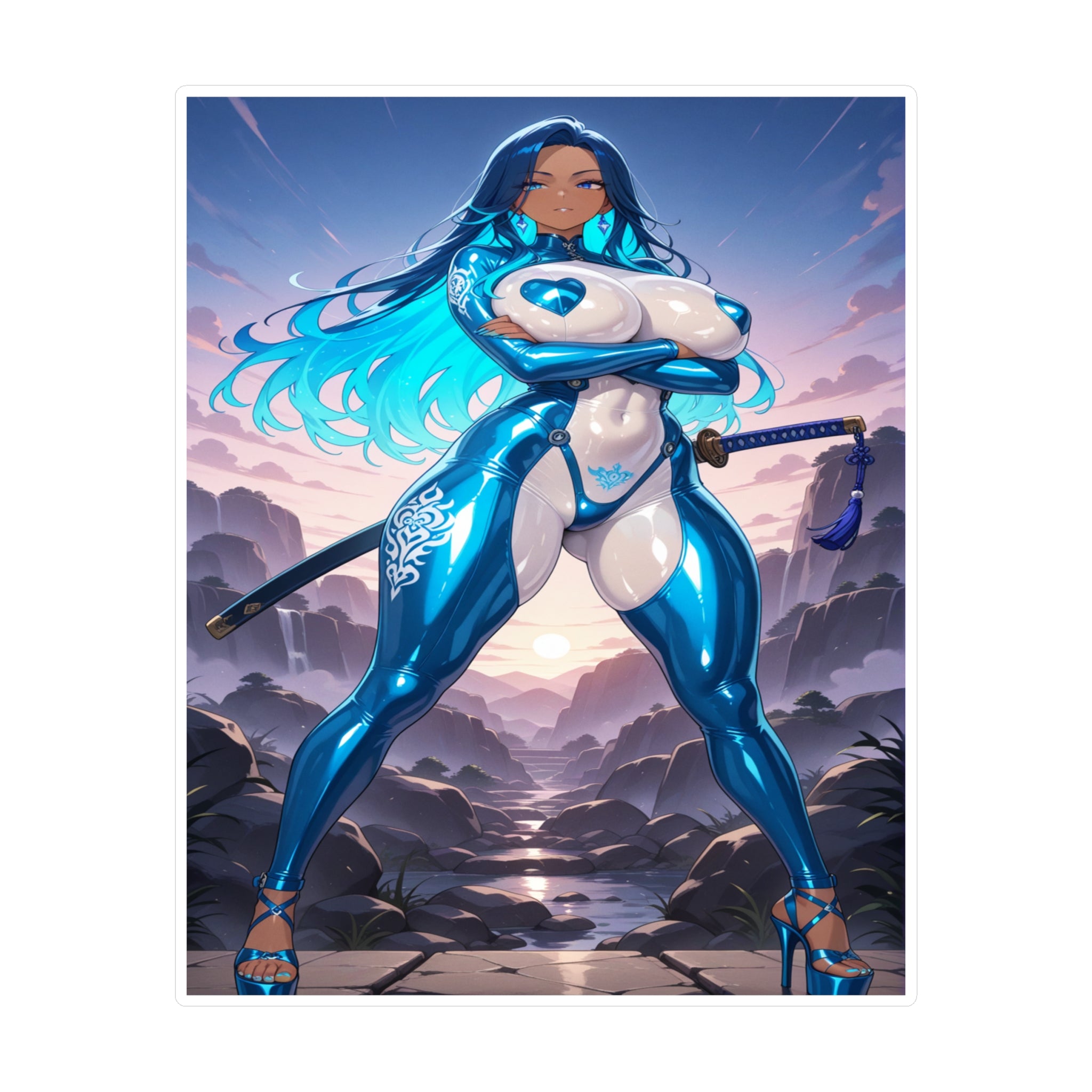 Anime Girl Warrior Vinyl Decal — Blue Neon Anime Sticker