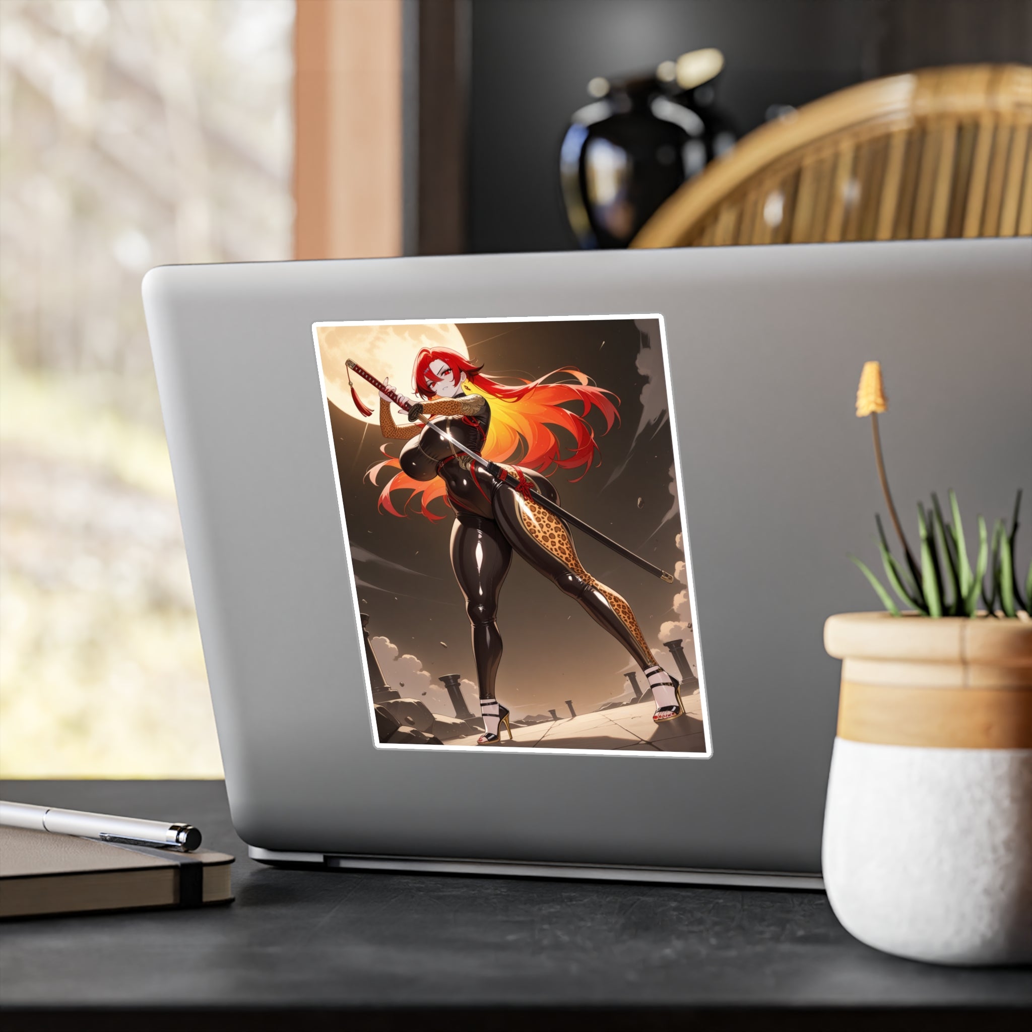 Anime Girl Warrior Vinyl Sticker — Red-Haired Swordfighter Kiss-Cut Decal