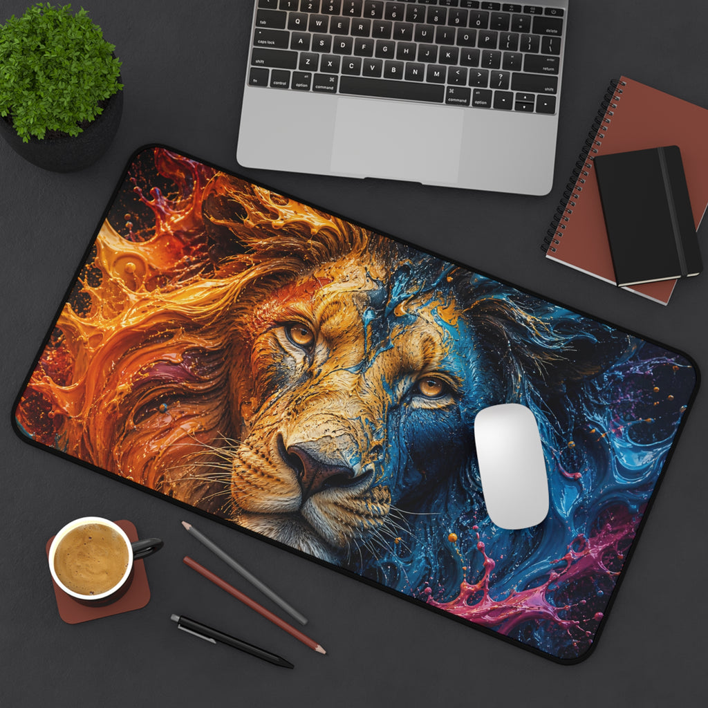 Lion Fire & Water Mouse Pad — Vibrant Animal Print Desk Mat