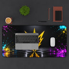 Rebel74 Gaming Desk Mat — Neon Lightning Emblem with Color Splash