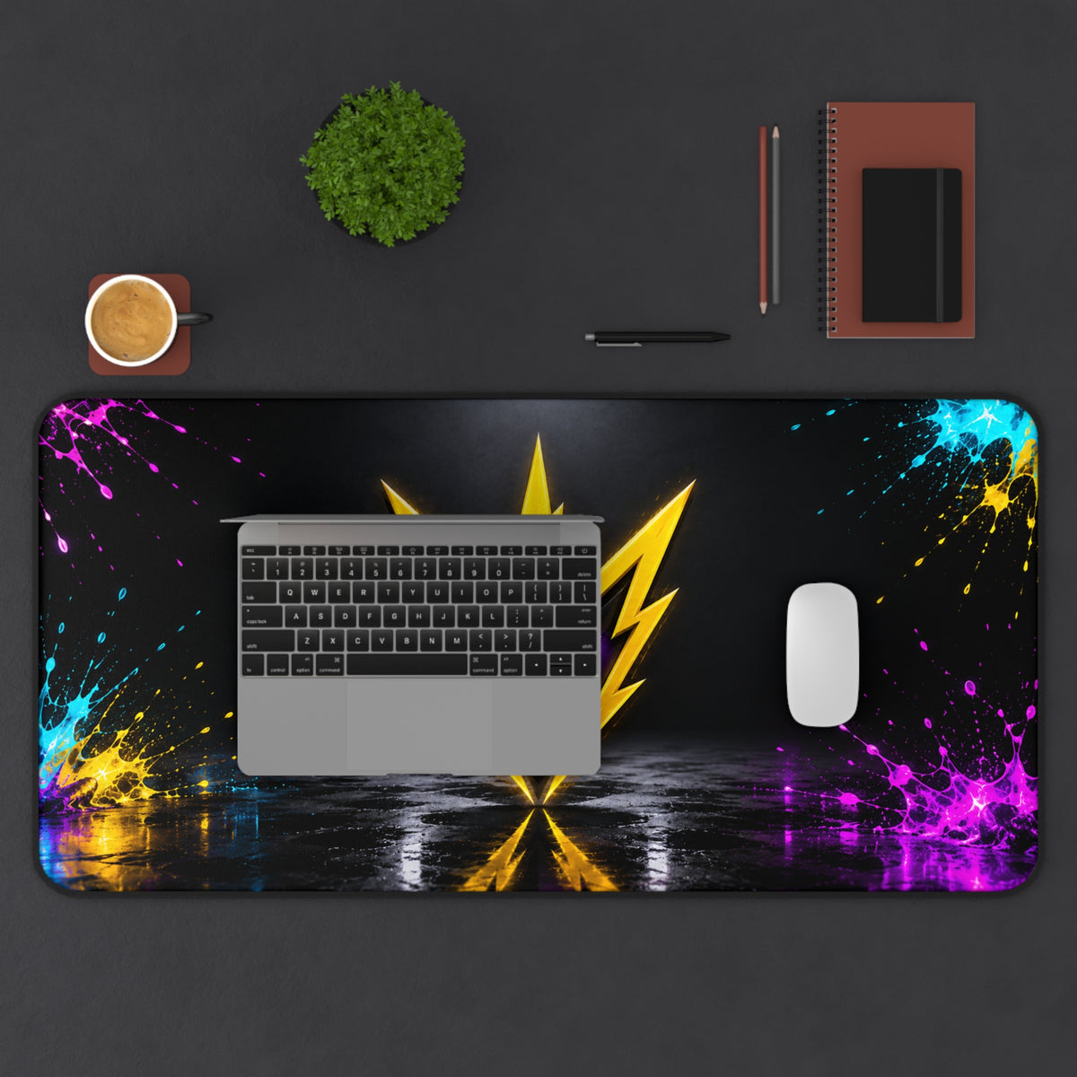 Rebel74 Gaming Desk Mat — Neon Lightning Emblem with Color Splash