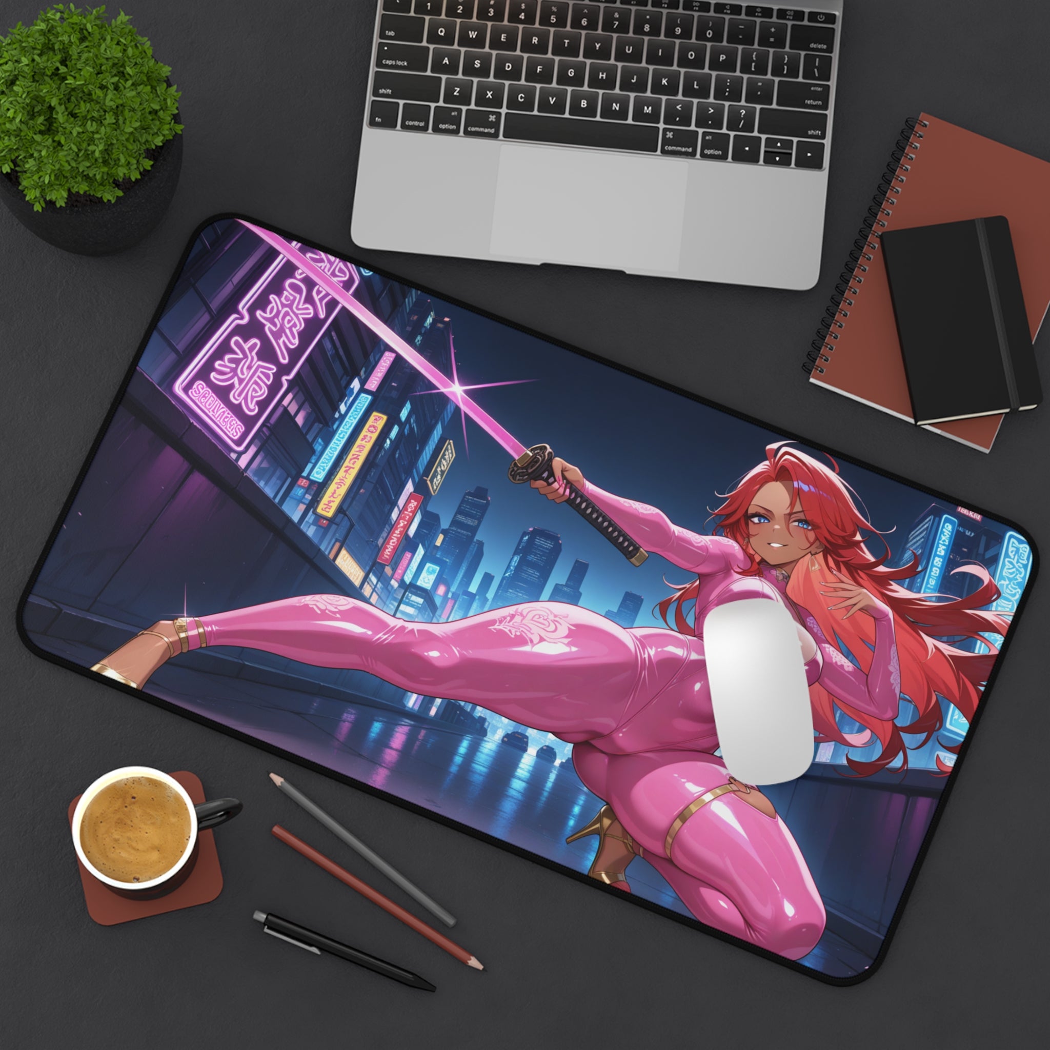 Anime Girl Warrior Desk Mat, Gaming Mouse Pad with Non-Slip Base