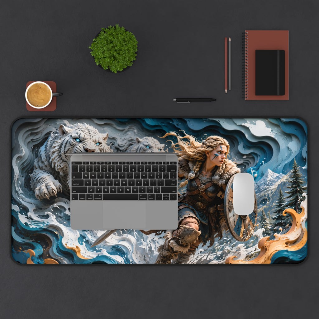 Nordic Warrior Anime Gaming Mouse Pad - Viking Shieldmaiden & White Tigers Desk Mat