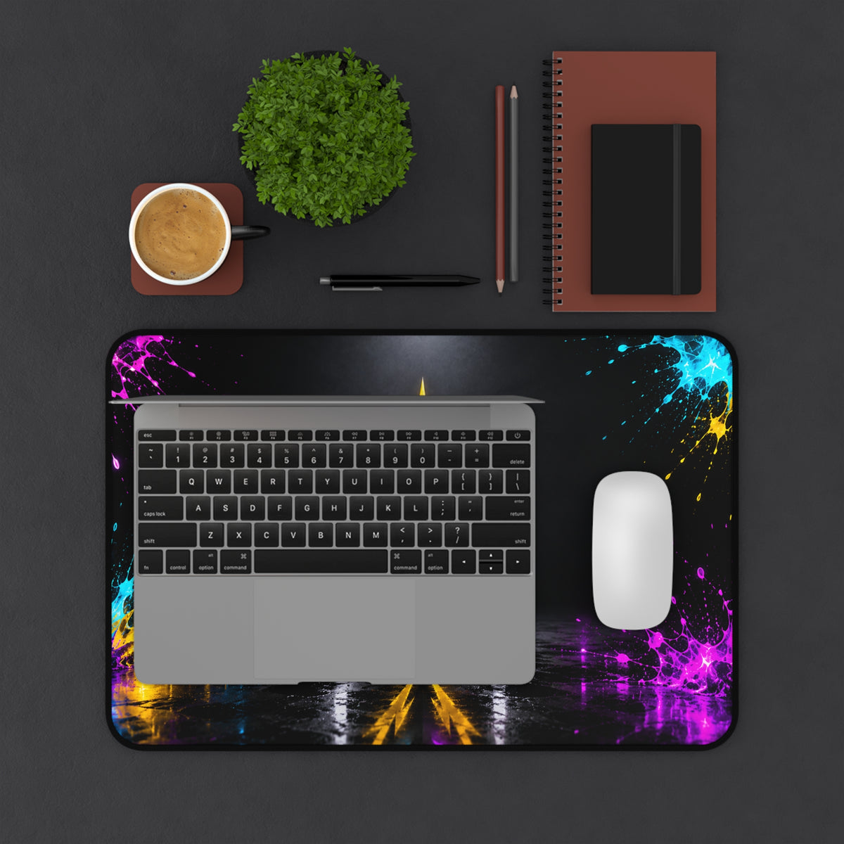 Rebel74 Gaming Desk Mat — Neon Lightning Emblem with Color Splash