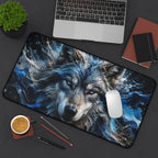 Mystic Blue Wolf Mouse Pad — Large Animal Print Desk Mat