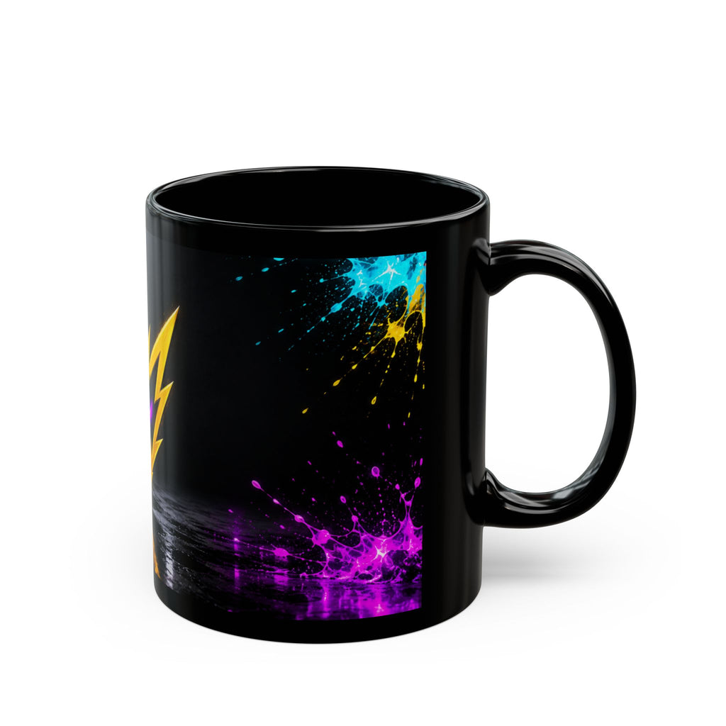 Rebel74 Emblem Black Mug - Neon Lightning Splash Cup