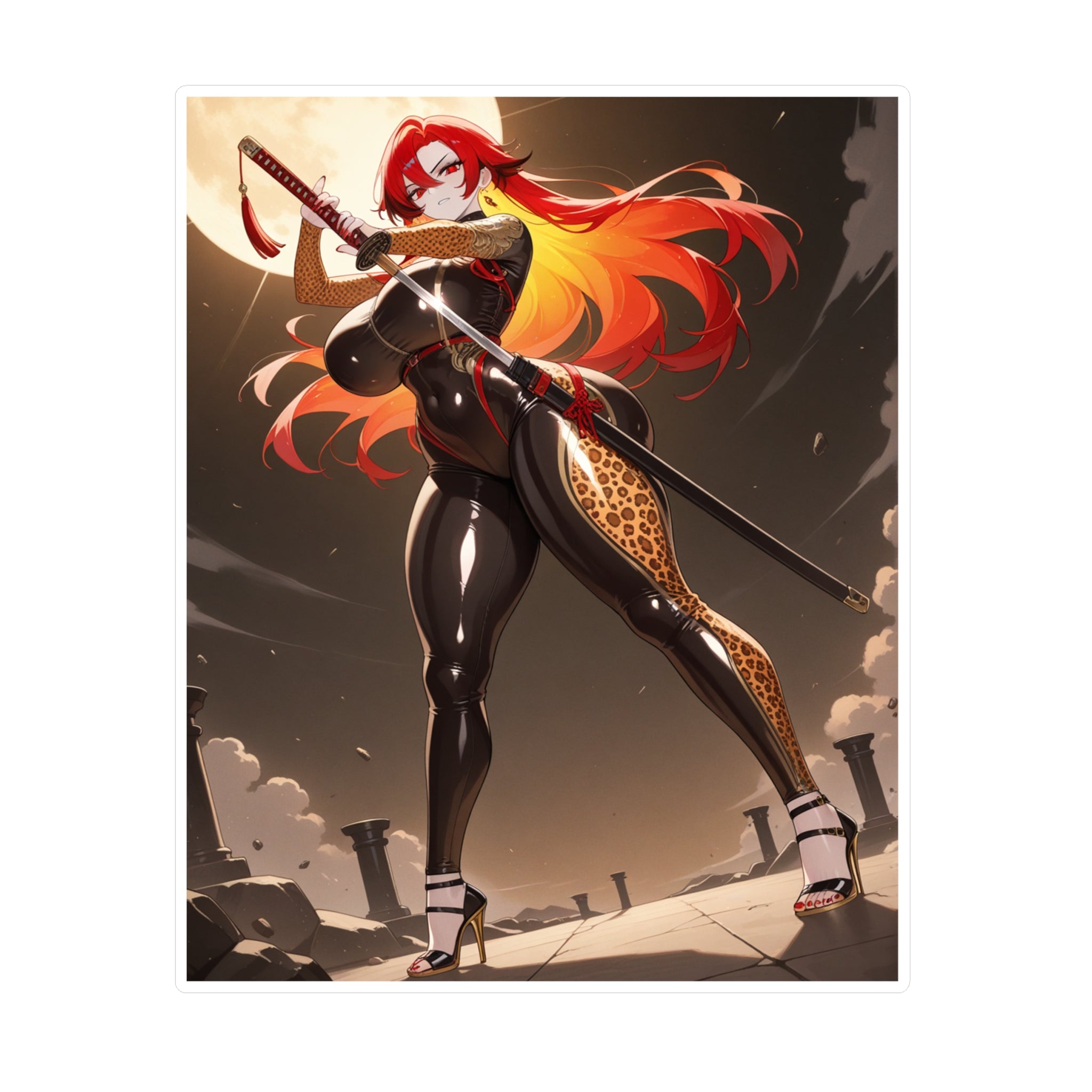 Anime Girl Warrior Vinyl Sticker — Red-Haired Swordfighter Kiss-Cut Decal