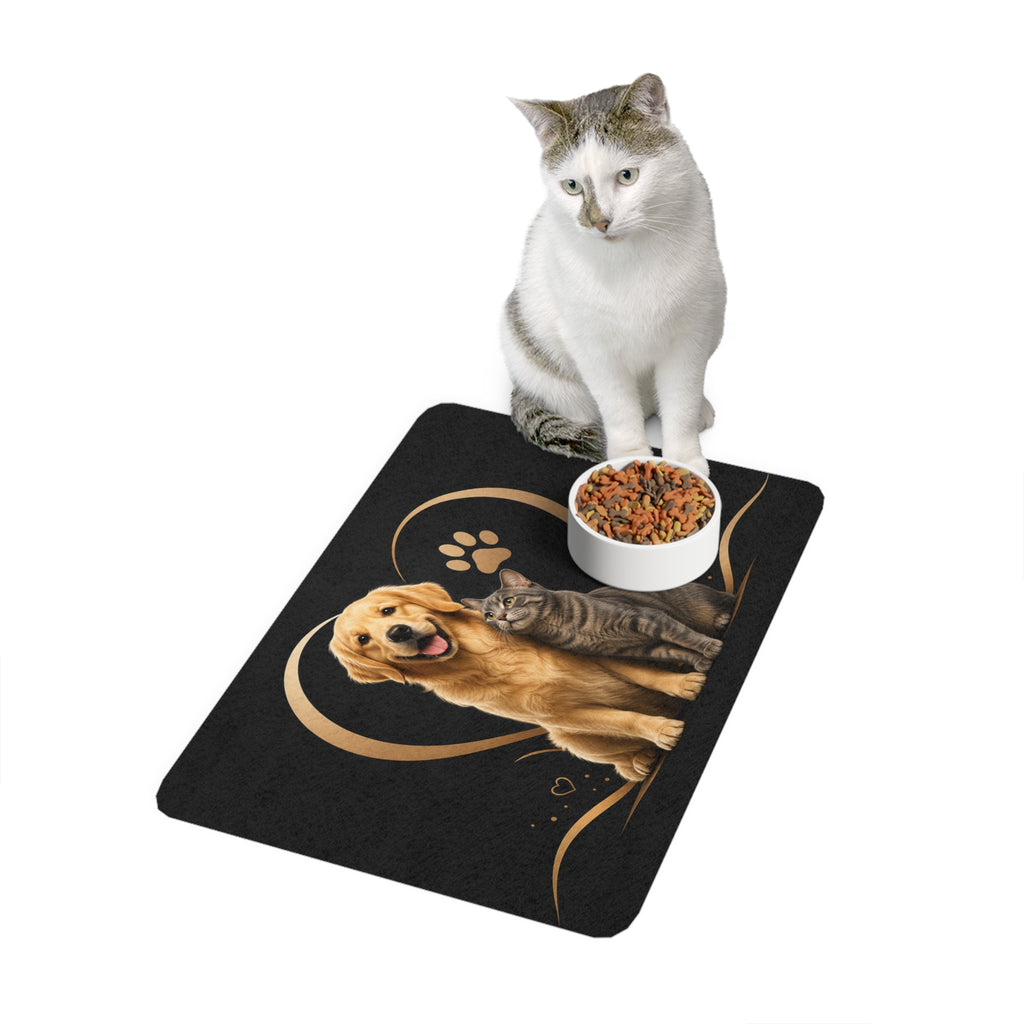 Pet Food Mat — Golden Retriever & Cat Heart Design (12x18)