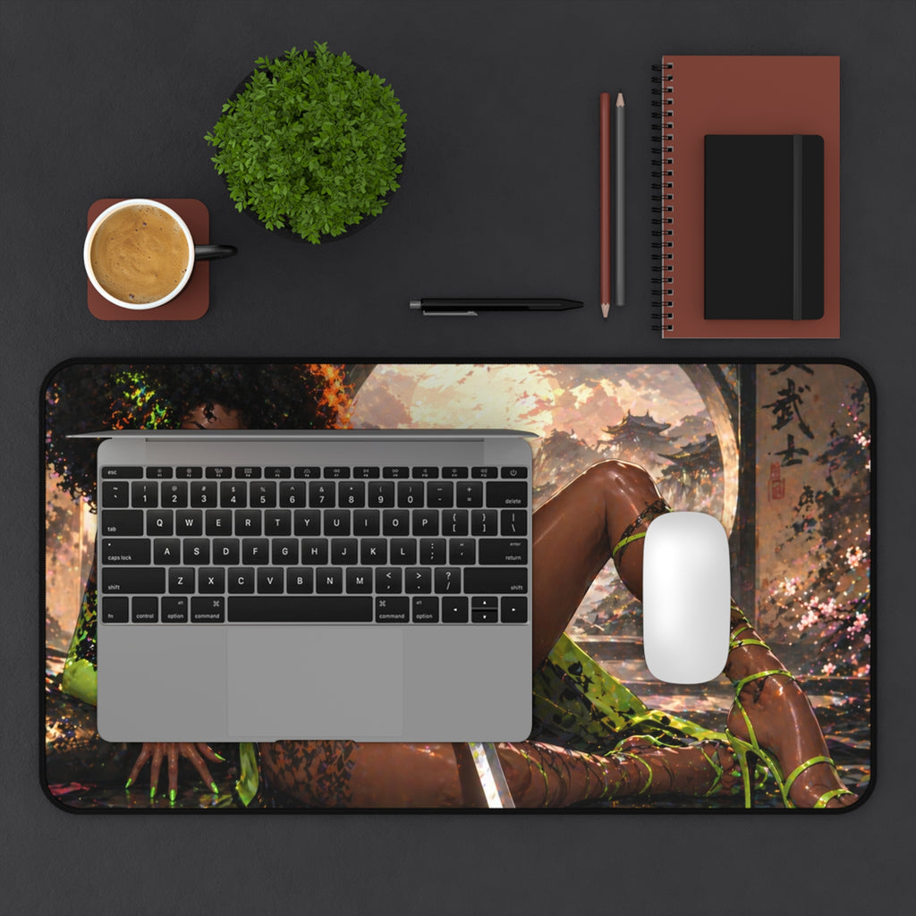 Fantasy Warrior Desk Mat — Green Samurai Swordmaid Gaming Mouse Pad