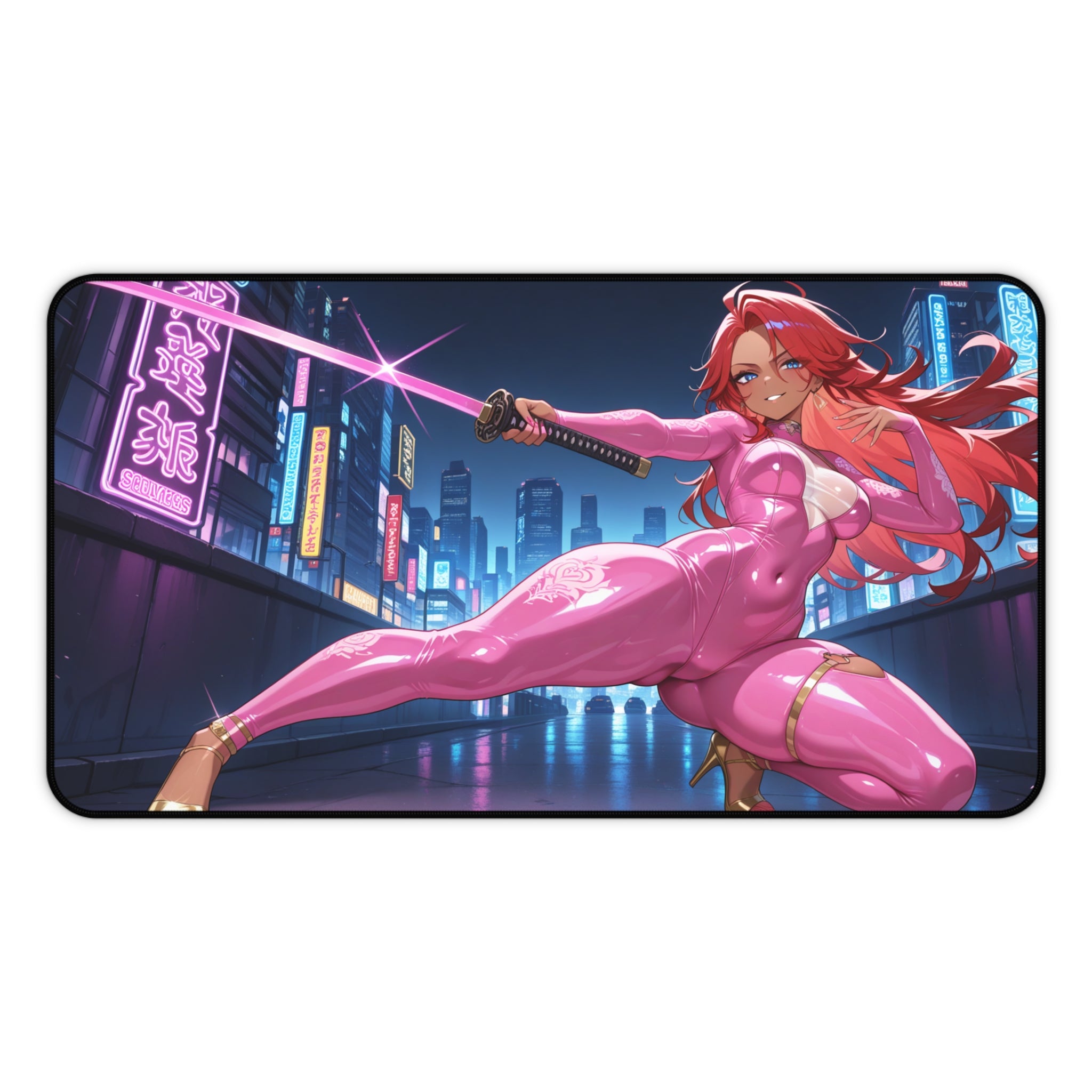 Anime Girl Warrior Desk Mat, Gaming Mouse Pad with Non-Slip Neoprene Base