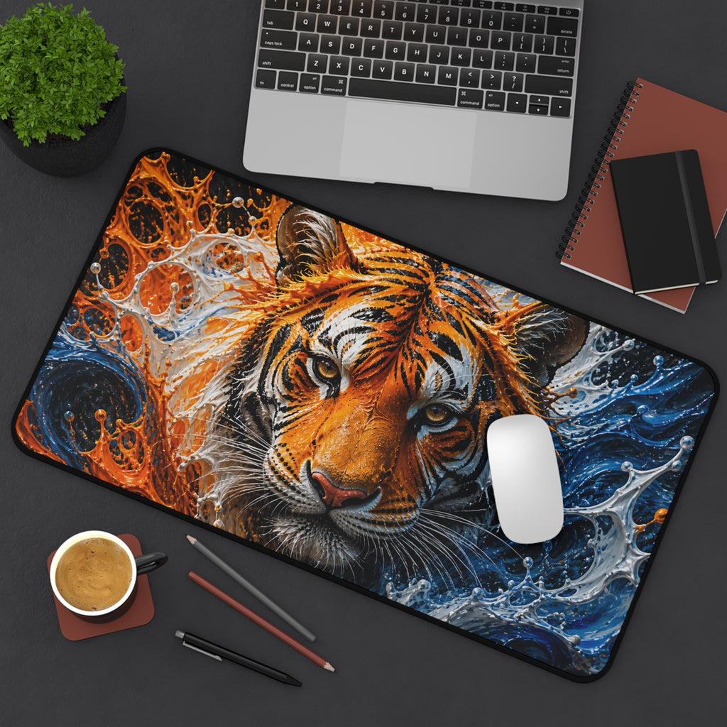 Tiger Fire & Water Desk Mat — Vibrant Animal Print Mouse Pad for Home and Office