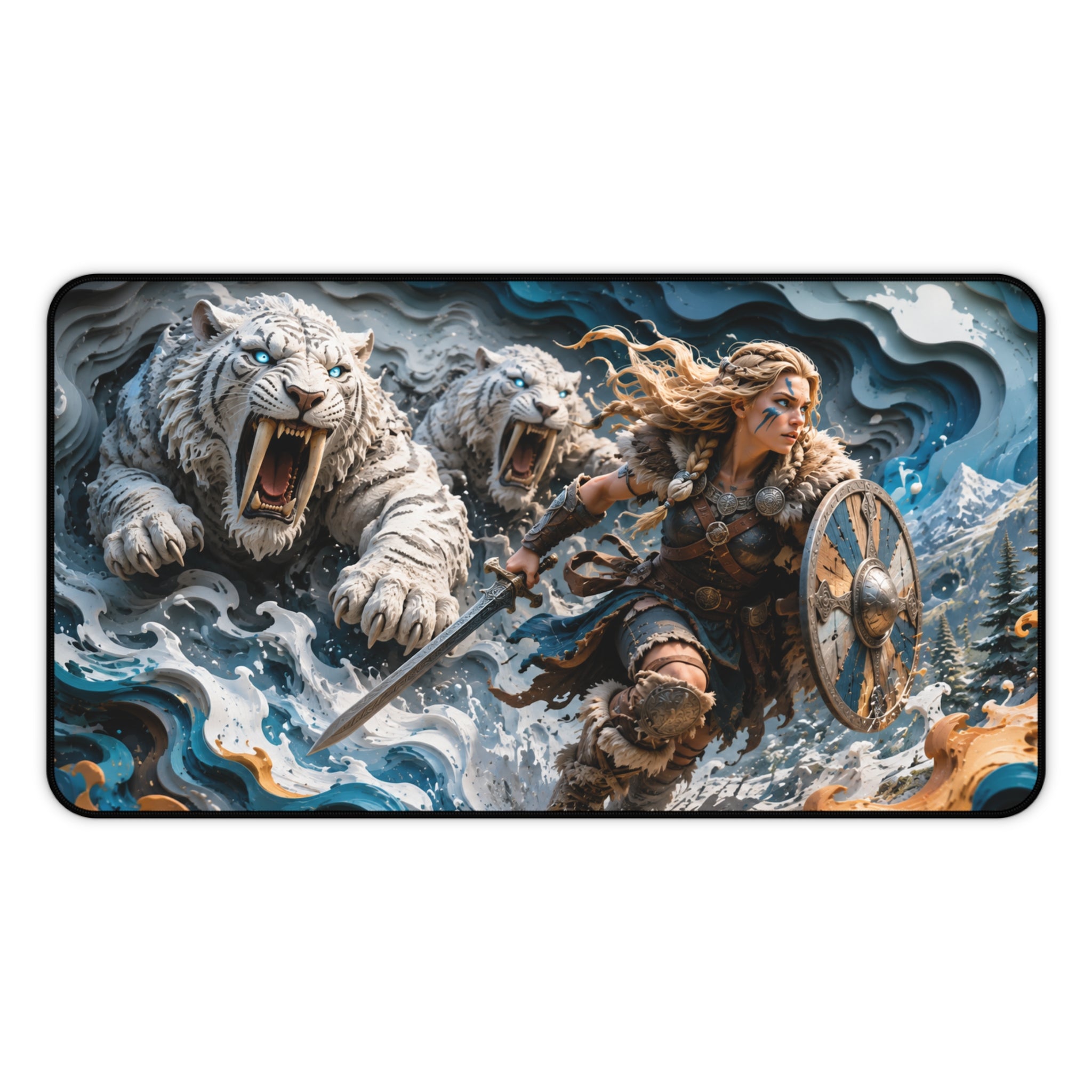 Nordic Warrior Anime Gaming Mouse Pad - Viking Shieldmaiden & White Tigers Desk Mat