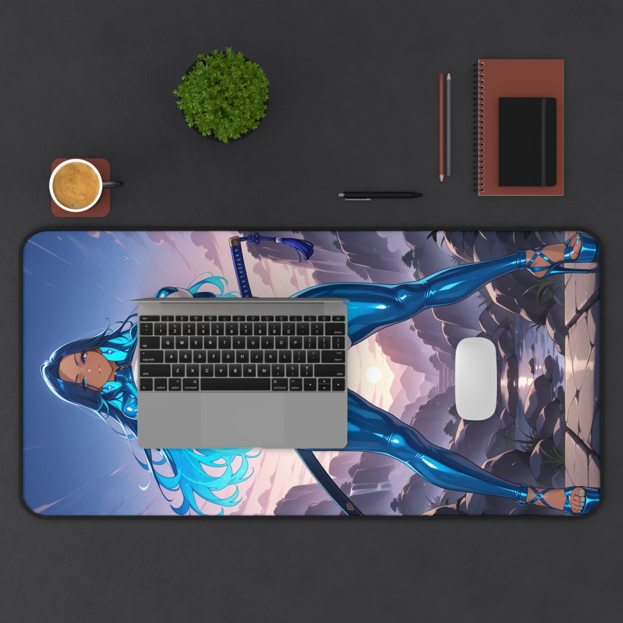 Anime Girl Warrior Desk Mat, Gaming Mouse Pad with Non-Slip Neoprene Base