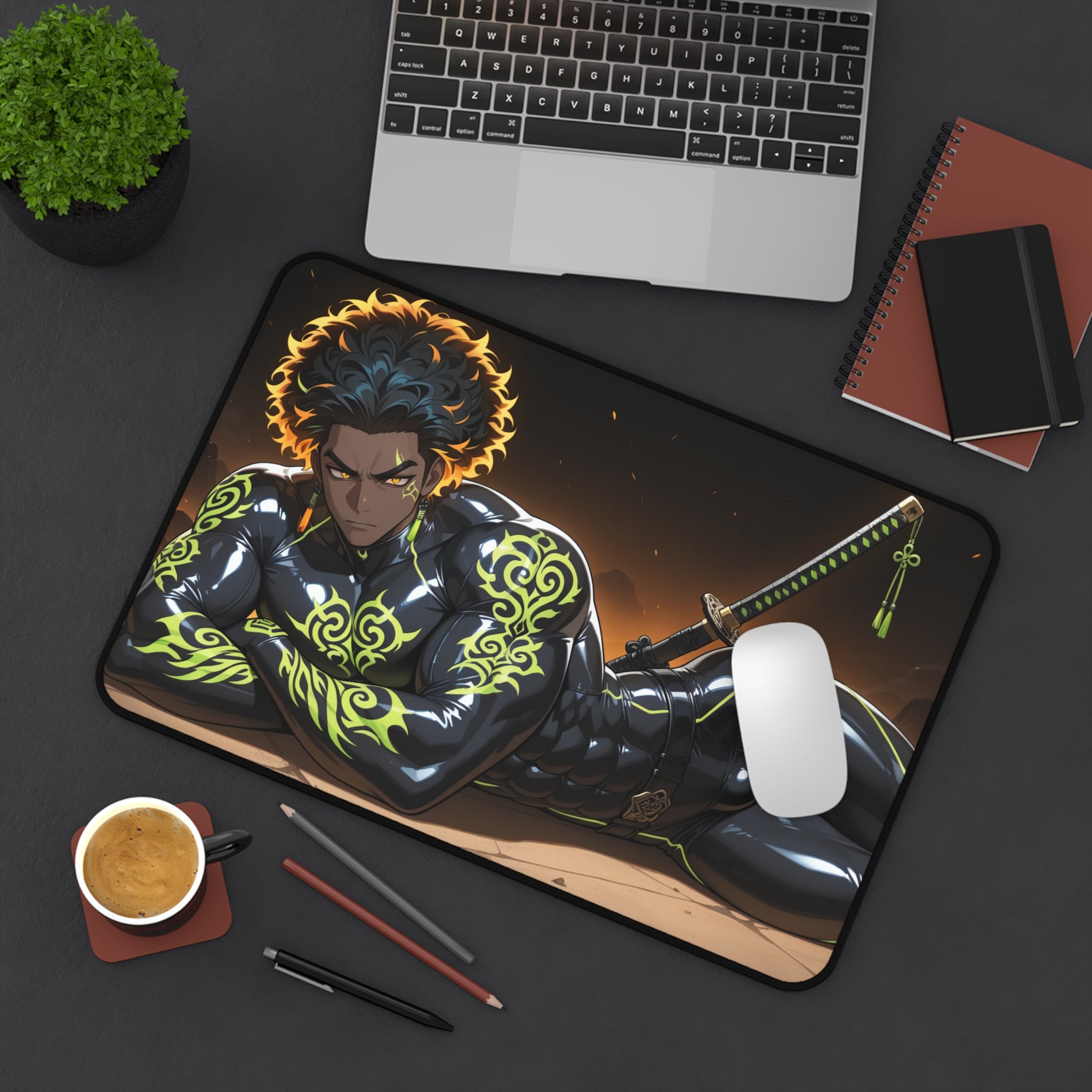 Tattooed Warrior Desk Mat — Anime Samurai Gaming Mouse Pad