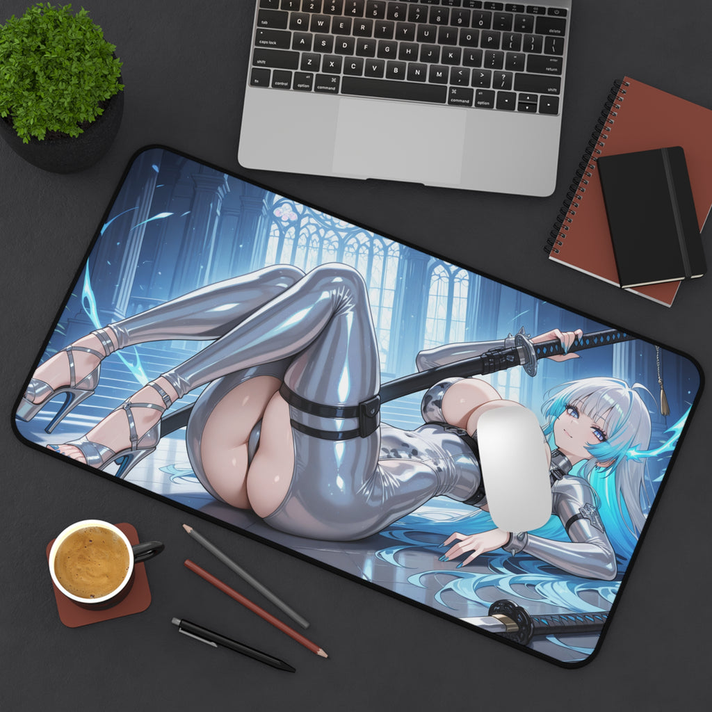 Anime Sword Girl Desk Mat — Sexy Cyber Kunoichi Gaming Mousepad