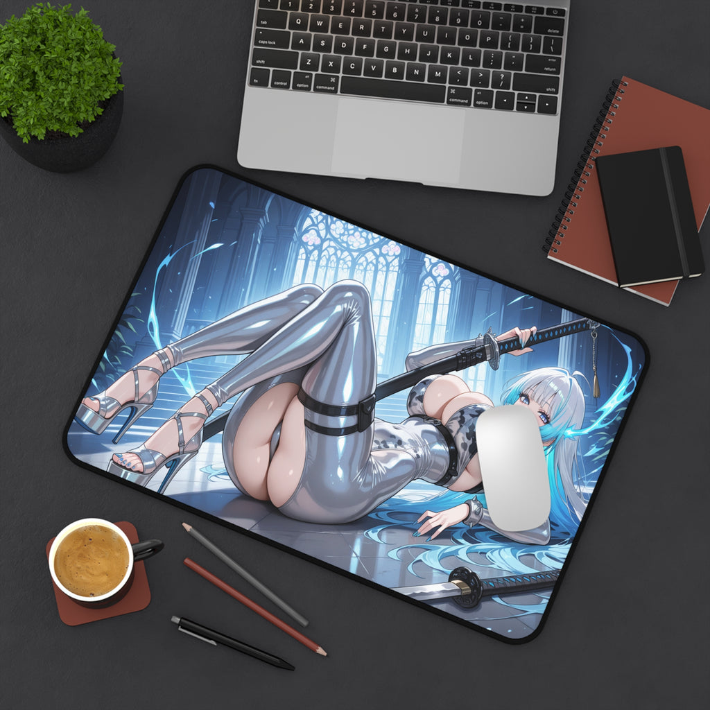 Anime Sword Girl Desk Mat — Sexy Cyber Kunoichi Gaming Mousepad