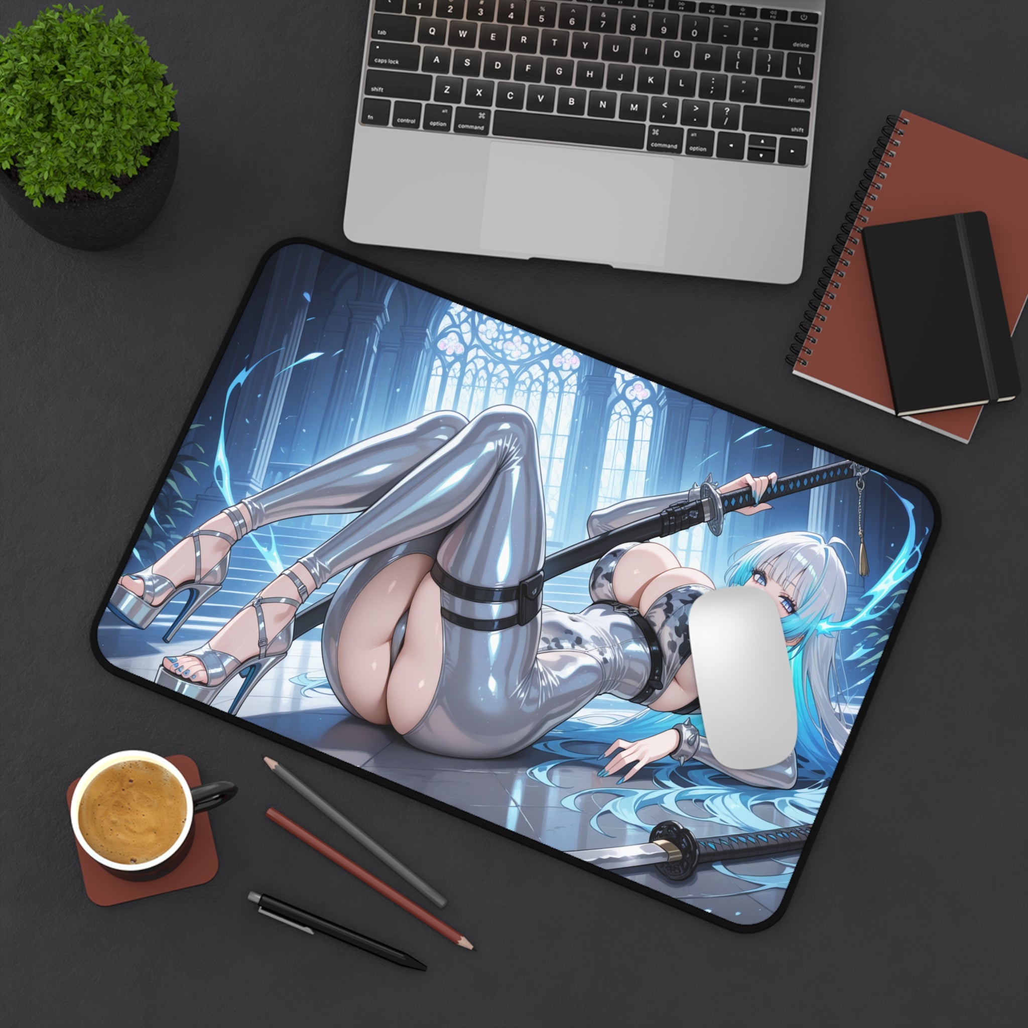 Anime Sword Girl Desk Mat — Sexy Cyber Kunoichi Gaming Mousepad