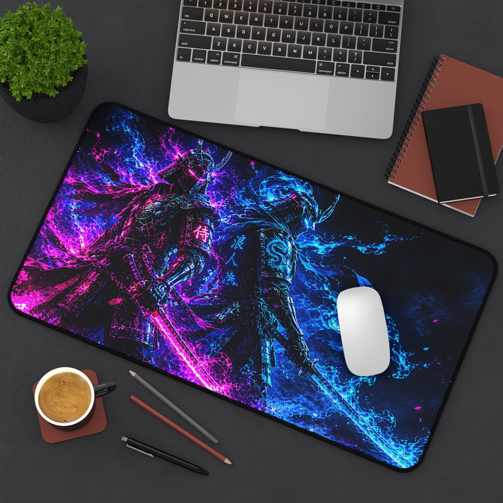 Neon Samurai Desk Mat – Blue & Pink Vaporwave Gaming Mouse Pad