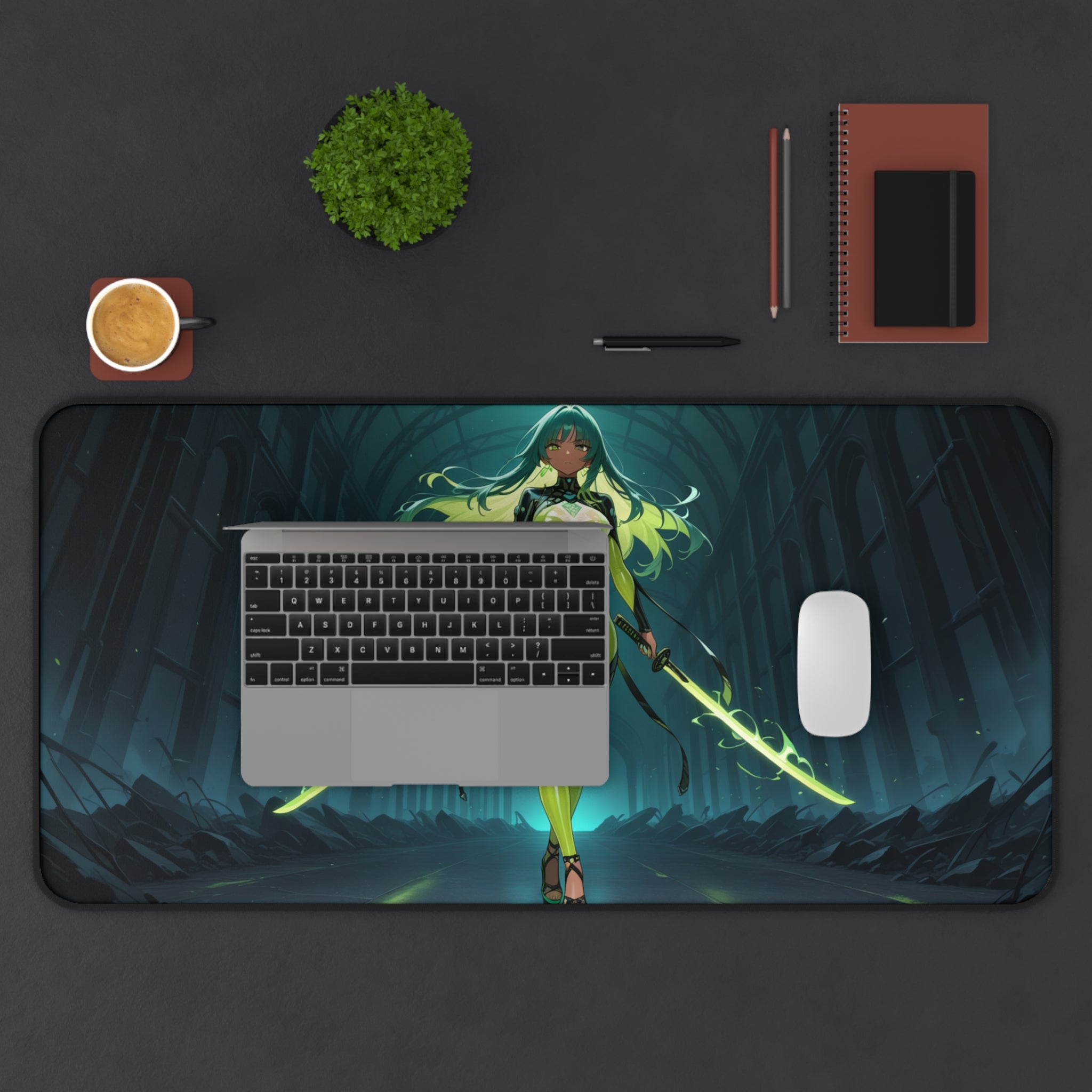 Anime Girl Warrior Desk Mat, Gaming Mouse Pad with Non-Slip Neoprene Base