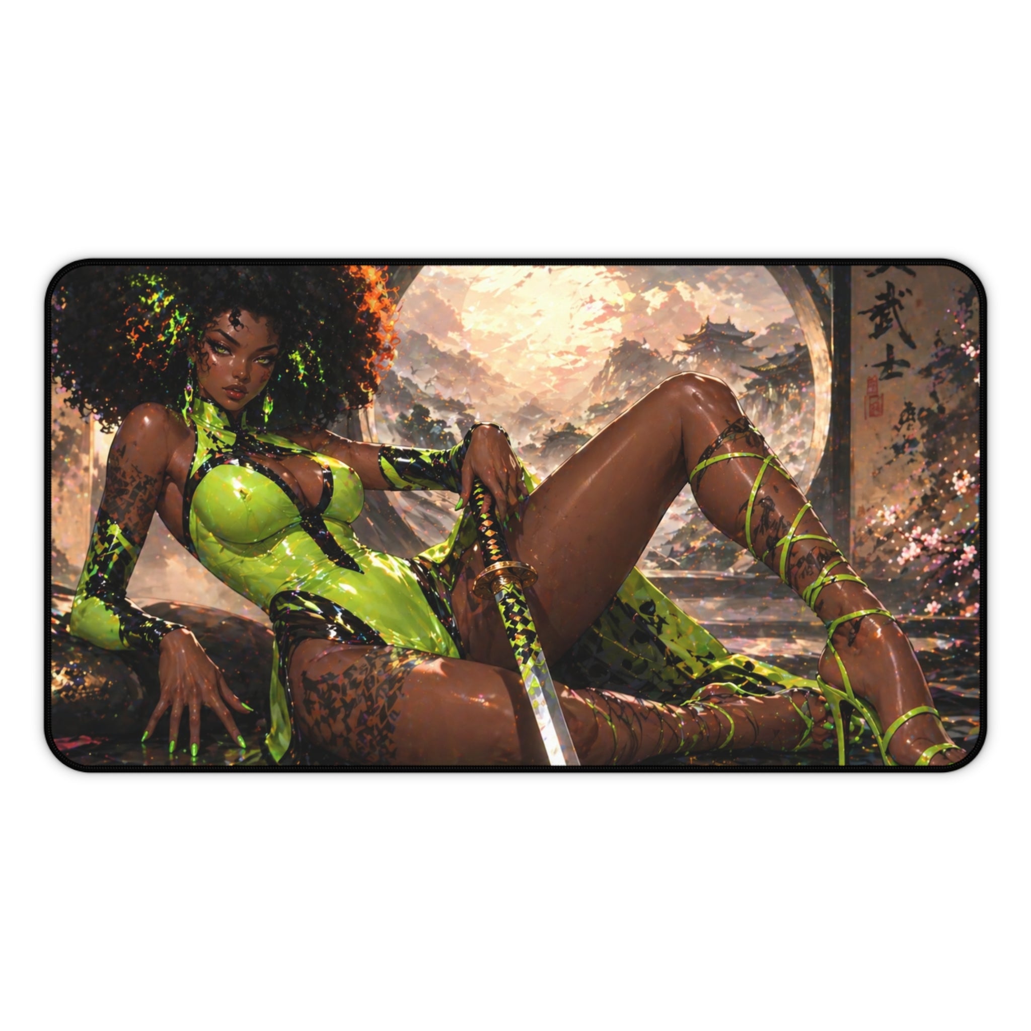 Fantasy Warrior Desk Mat — Green Samurai Swordmaid Gaming Mouse Pad