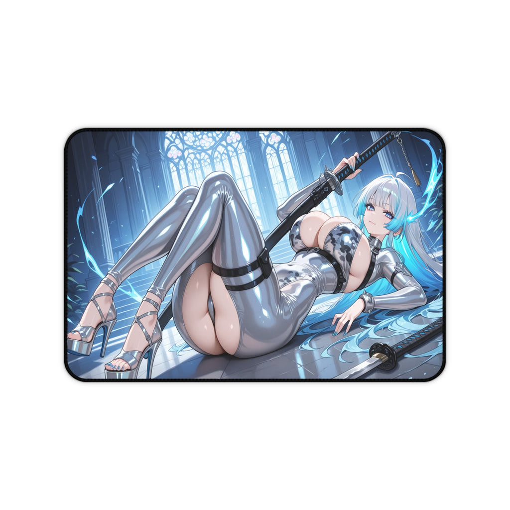 Anime Sword Girl Desk Mat — Sexy Cyber Kunoichi Gaming Mousepad