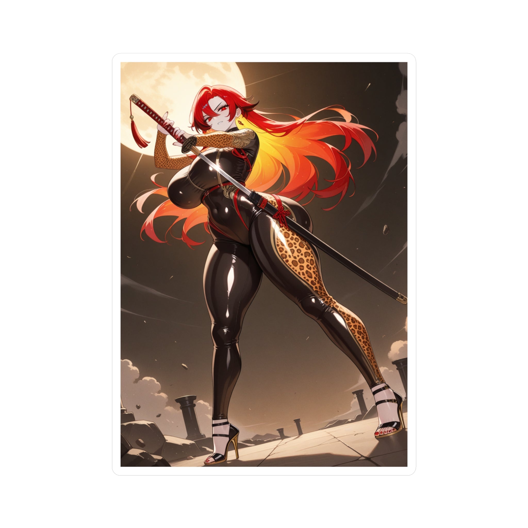 Anime Girl Warrior Vinyl Sticker — Red-Haired Swordfighter Kiss-Cut Decal