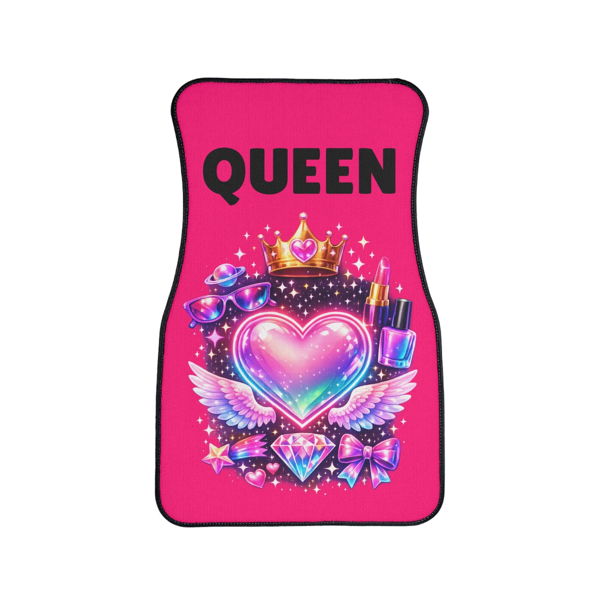 Queen Pink Car Floor Mat — Cute Crown, Heart & Makeup Design