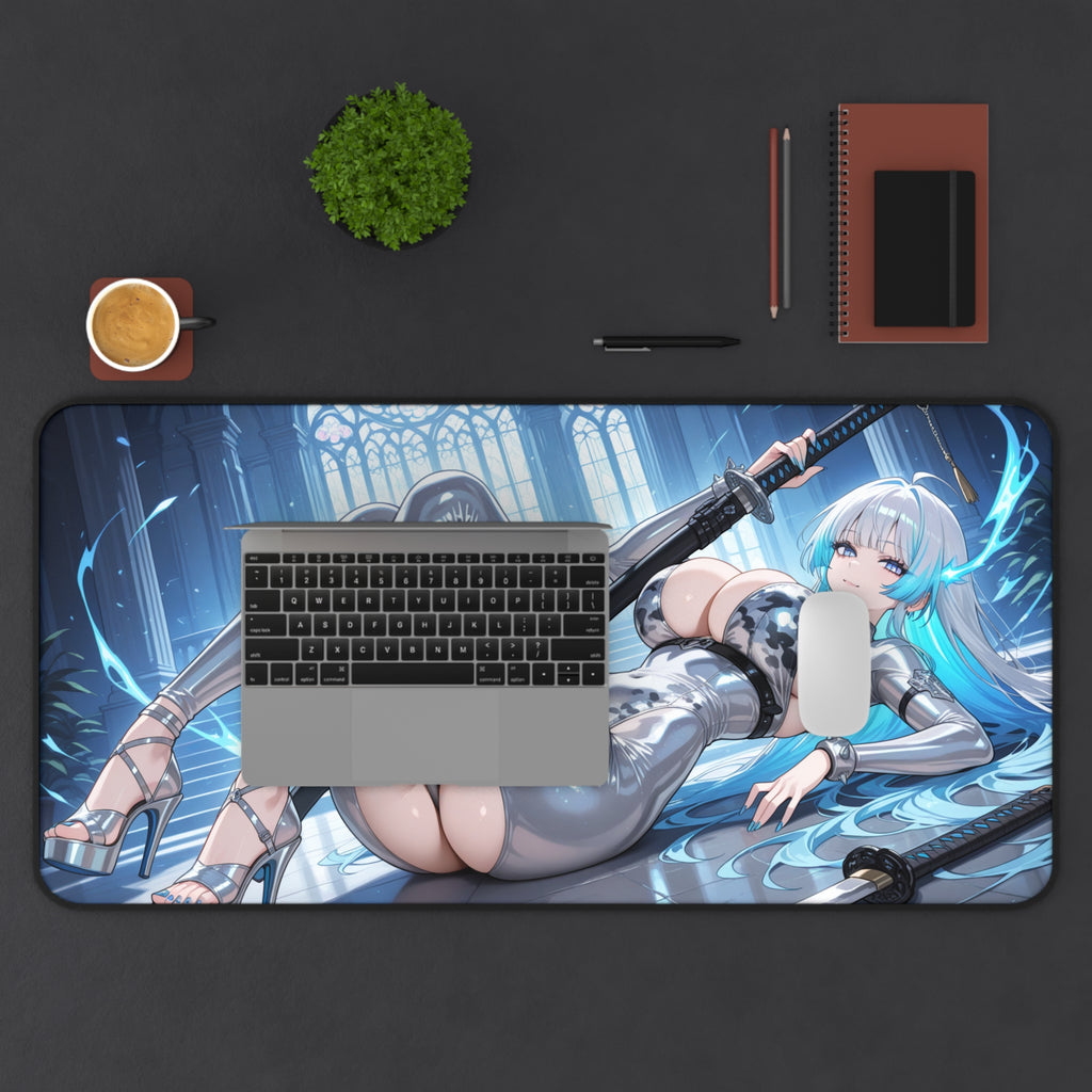 Anime Sword Girl Desk Mat — Sexy Cyber Kunoichi Gaming Mousepad