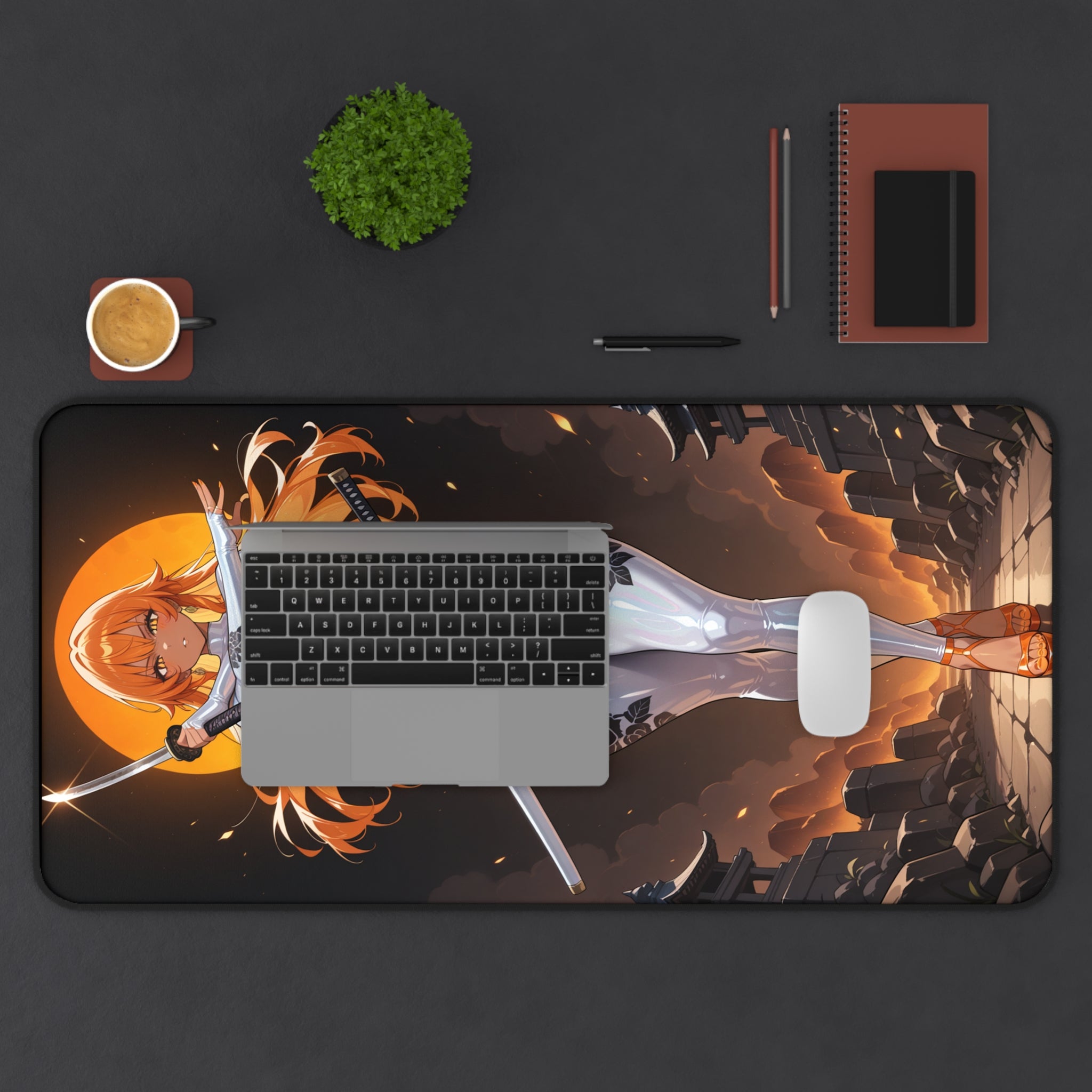 Anime Girl Warrior Desk Mat, Gaming Mouse Pad with Non-Slip Neoprene Base