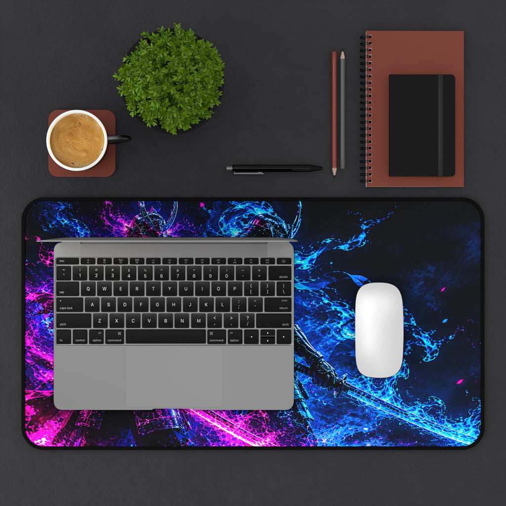 Neon Samurai Desk Mat – Blue & Pink Vaporwave Gaming Mouse Pad
