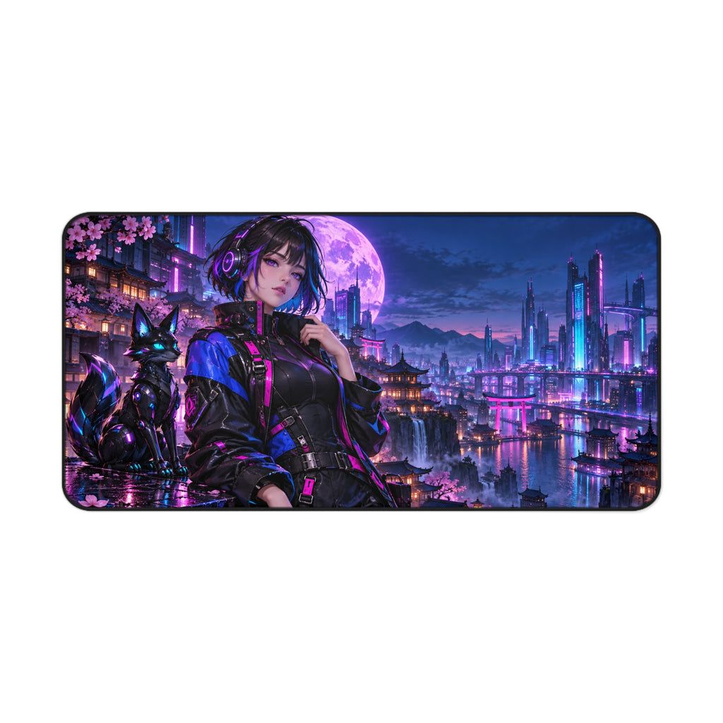 Anime Girl Gaming Desk Mat — Neon Moon & Cyber Fox