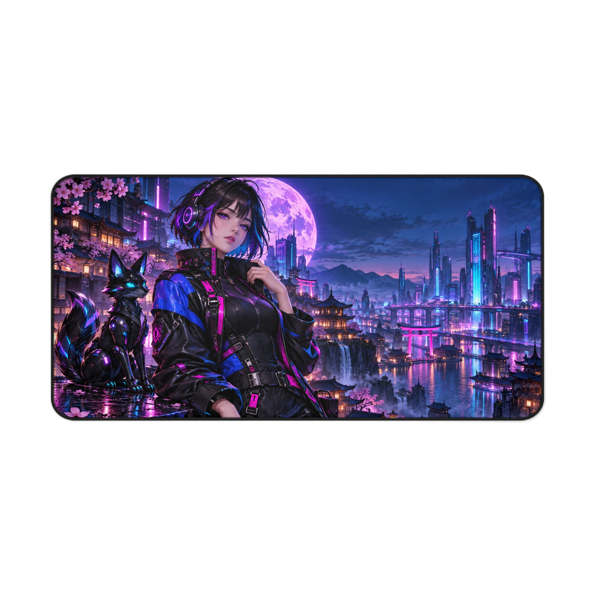 Anime Girl Gaming Desk Mat — Neon Moon & Cyber Fox