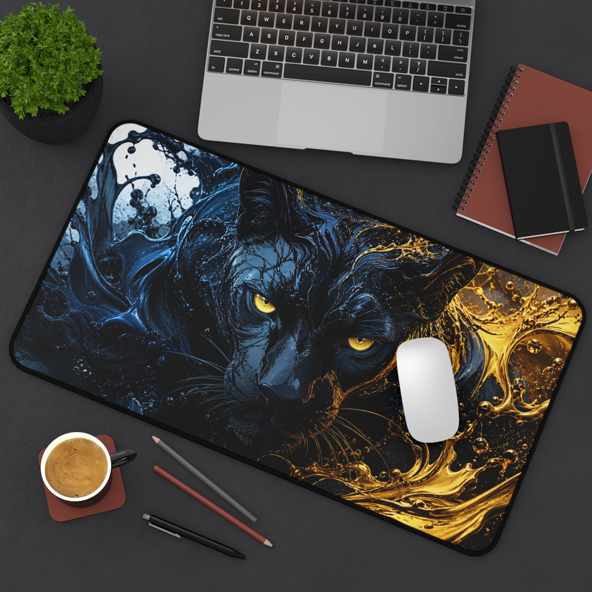 Black Panther Desk Mat — Black & Gold Cosmic Cat Gaming Mouse Pad