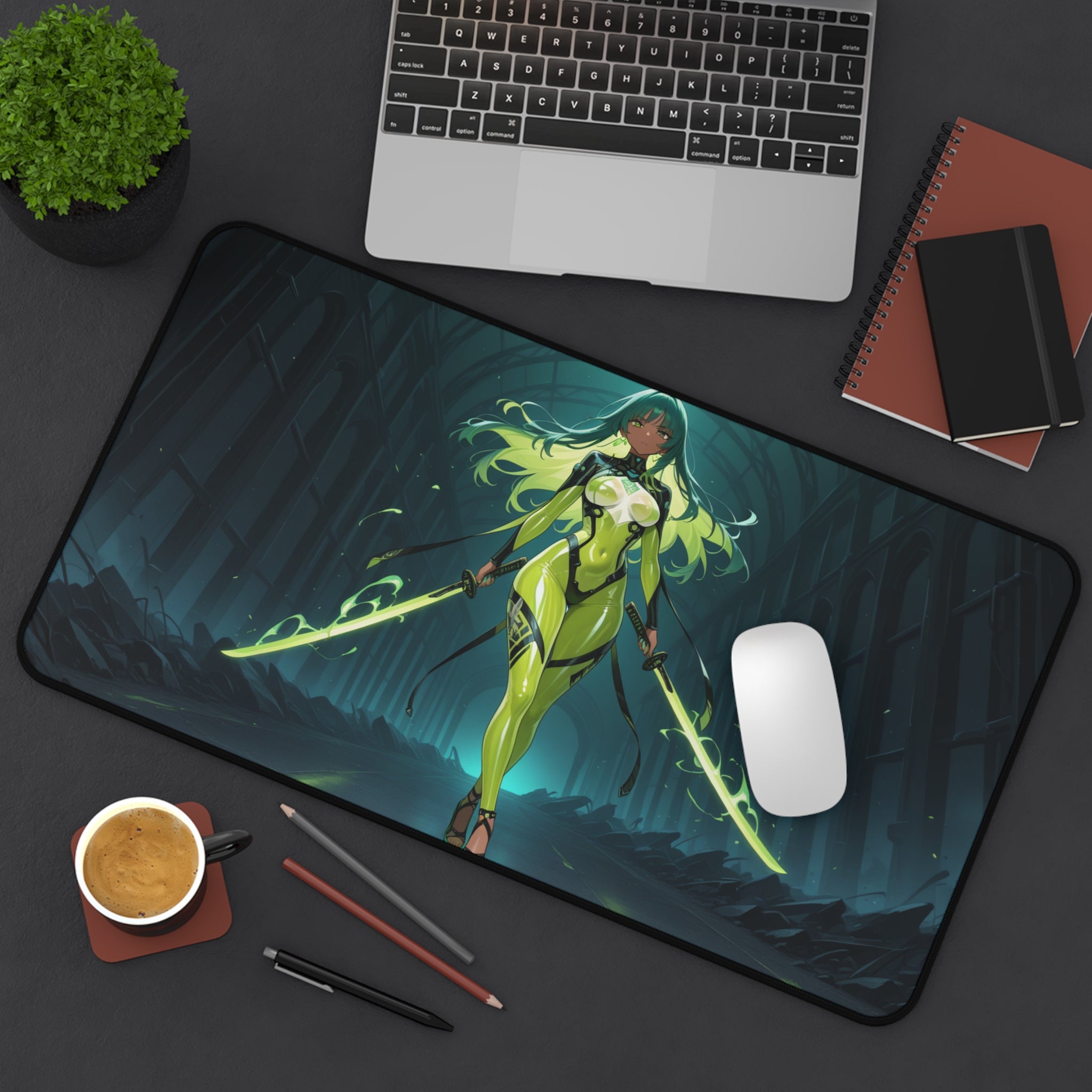 Anime Girl Warrior Desk Mat, Large Mouse Pad with Non-Slip Base