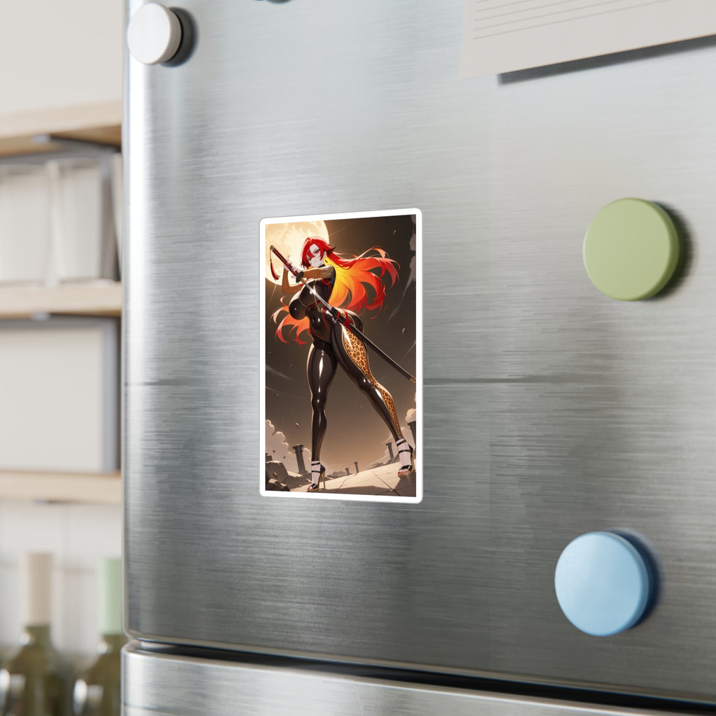 Anime Girl Warrior Vinyl Sticker — Red-Haired Swordfighter Kiss-Cut Decal