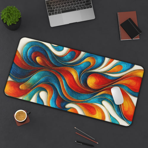 Colorful desk mat with swirling design on a dark surface with office items.