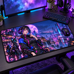 Anime Girl Gaming Desk Mat — Neon Moon & Cyber Fox