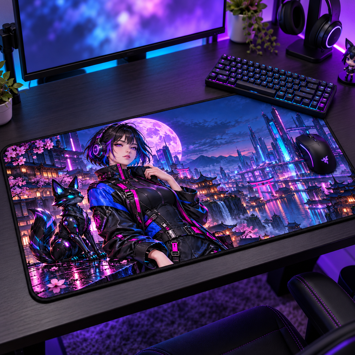Anime Girl Gaming Desk Mat — Neon Moon & Cyber Fox