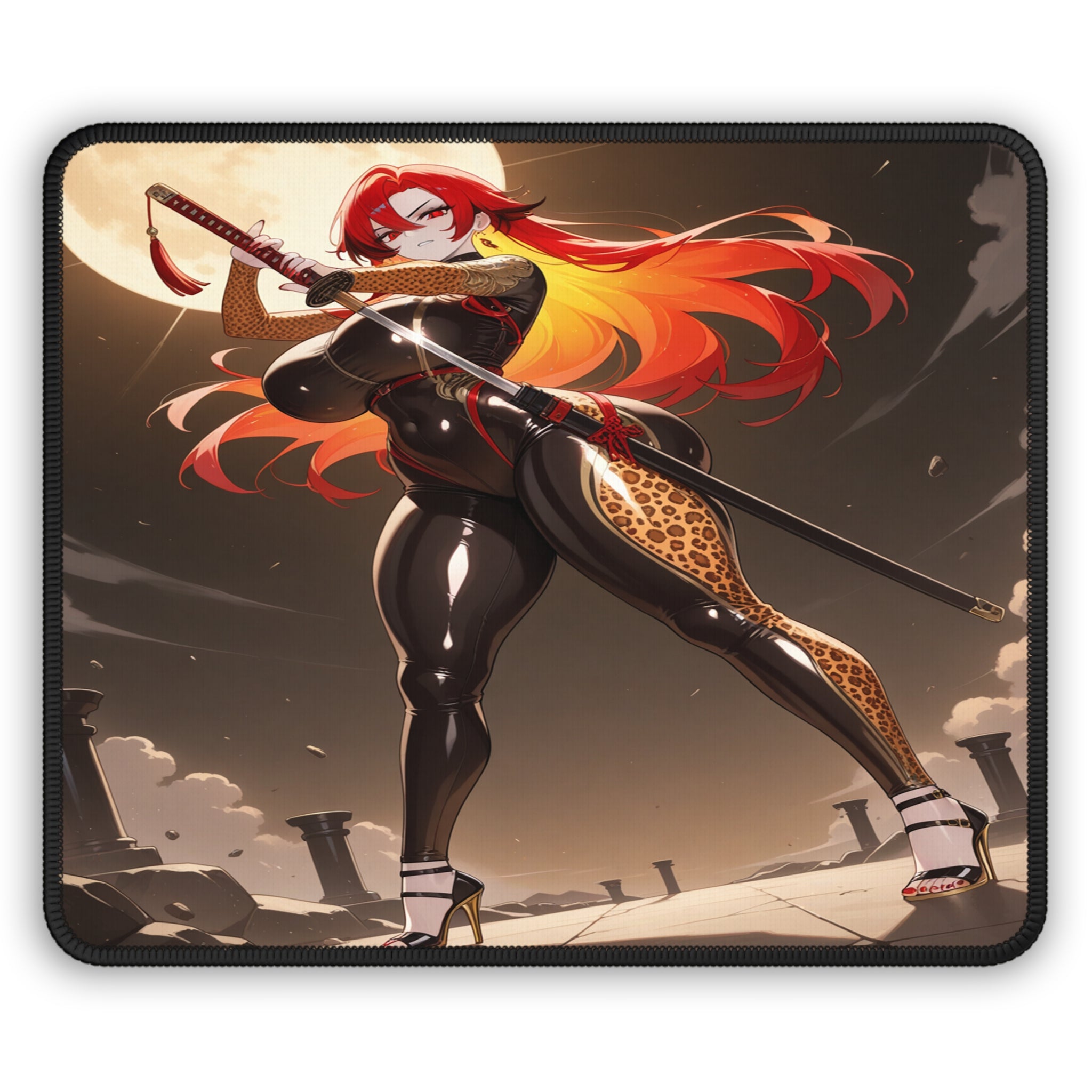 Mouse pad with an animated character holding a sword on a dark background
