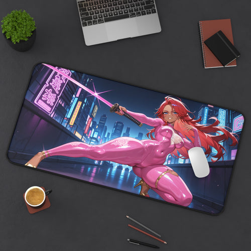Large mouse pad with an anime character design on a desk with a laptop and coffee.