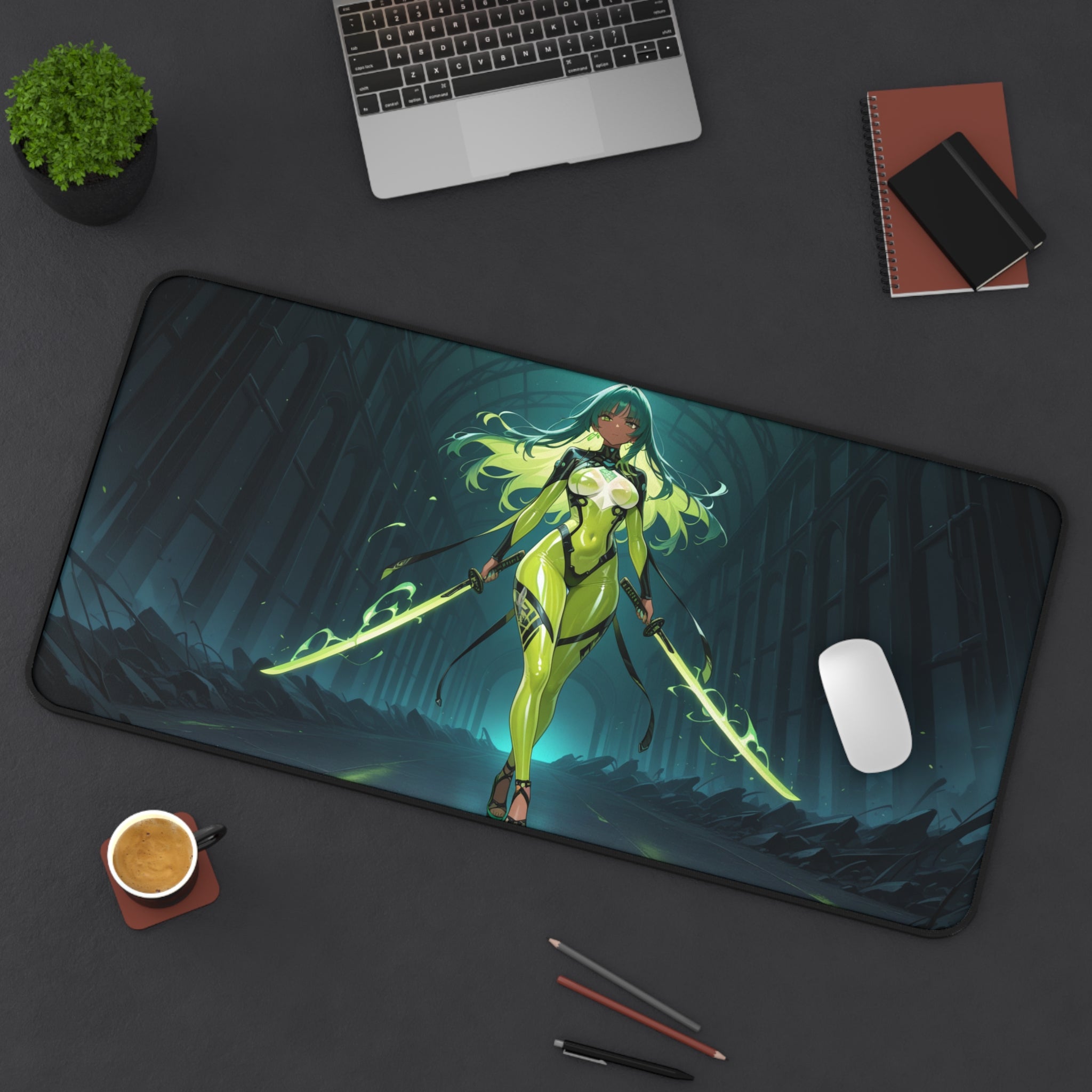 Desk setup with a large mouse pad featuring an animated character, laptop, cup, and stationery items.