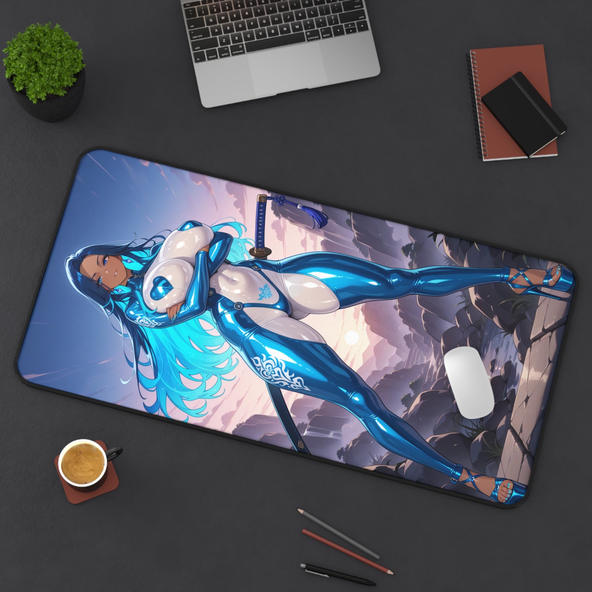 Large mouse pad with an anime-style design of a character on a desk with a laptop and other items.