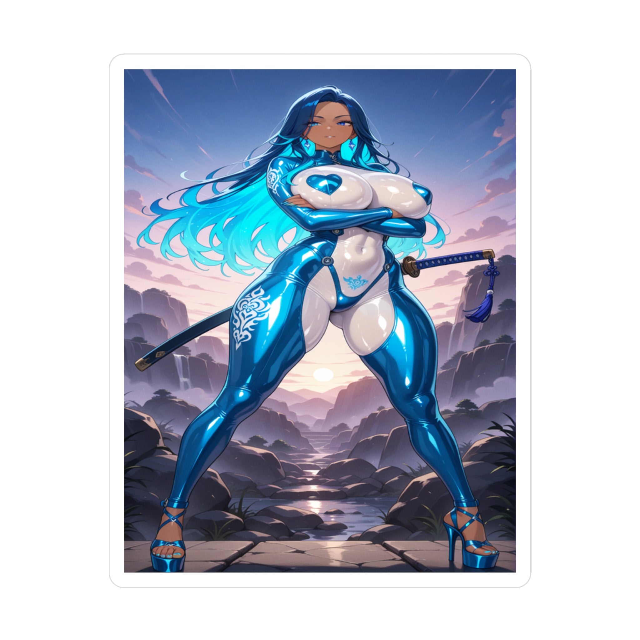 Animated character in a blue and white outfit with a sword, standing in a scenic landscape.