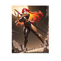 Animated character with red hair and a sword against a dark sky with a moon.