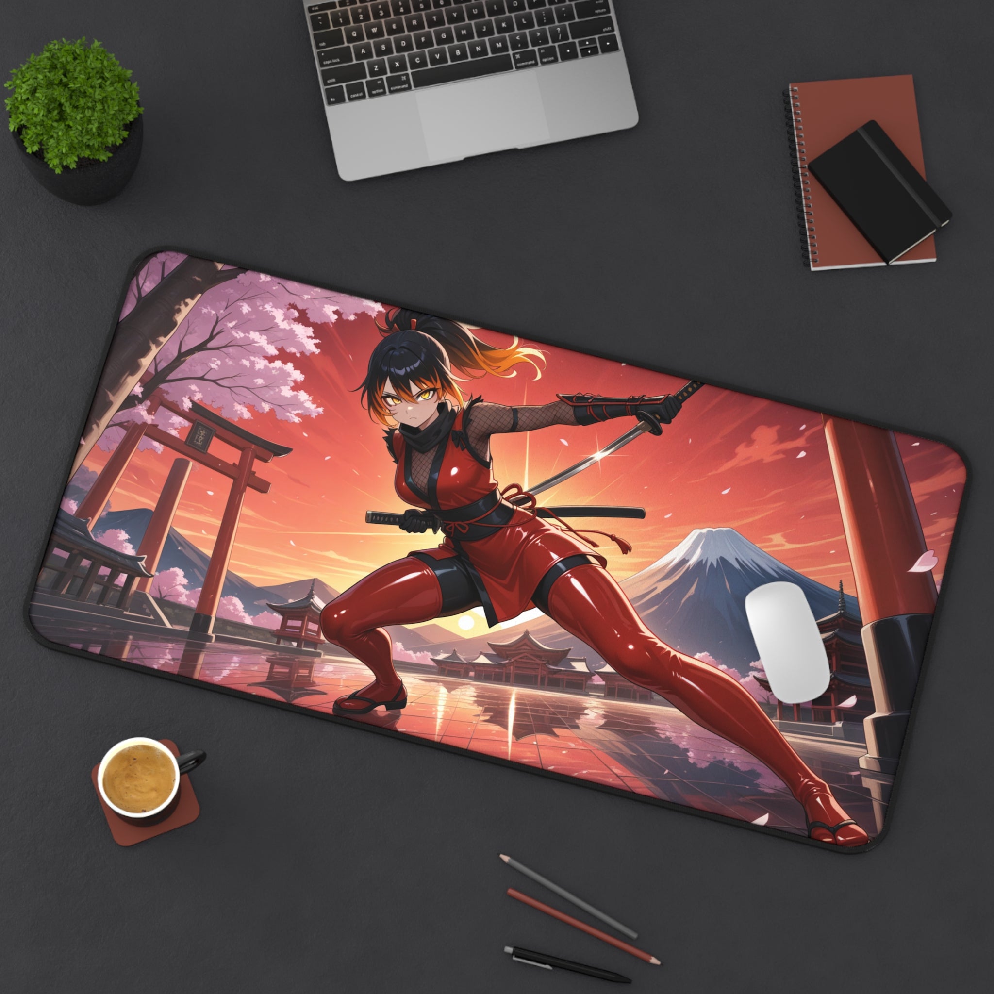 Mouse pad with anime character design on a desk with laptop and stationery items.