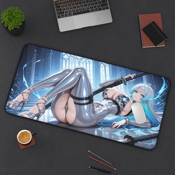 Anime-style mouse pad with character design on a desk setup