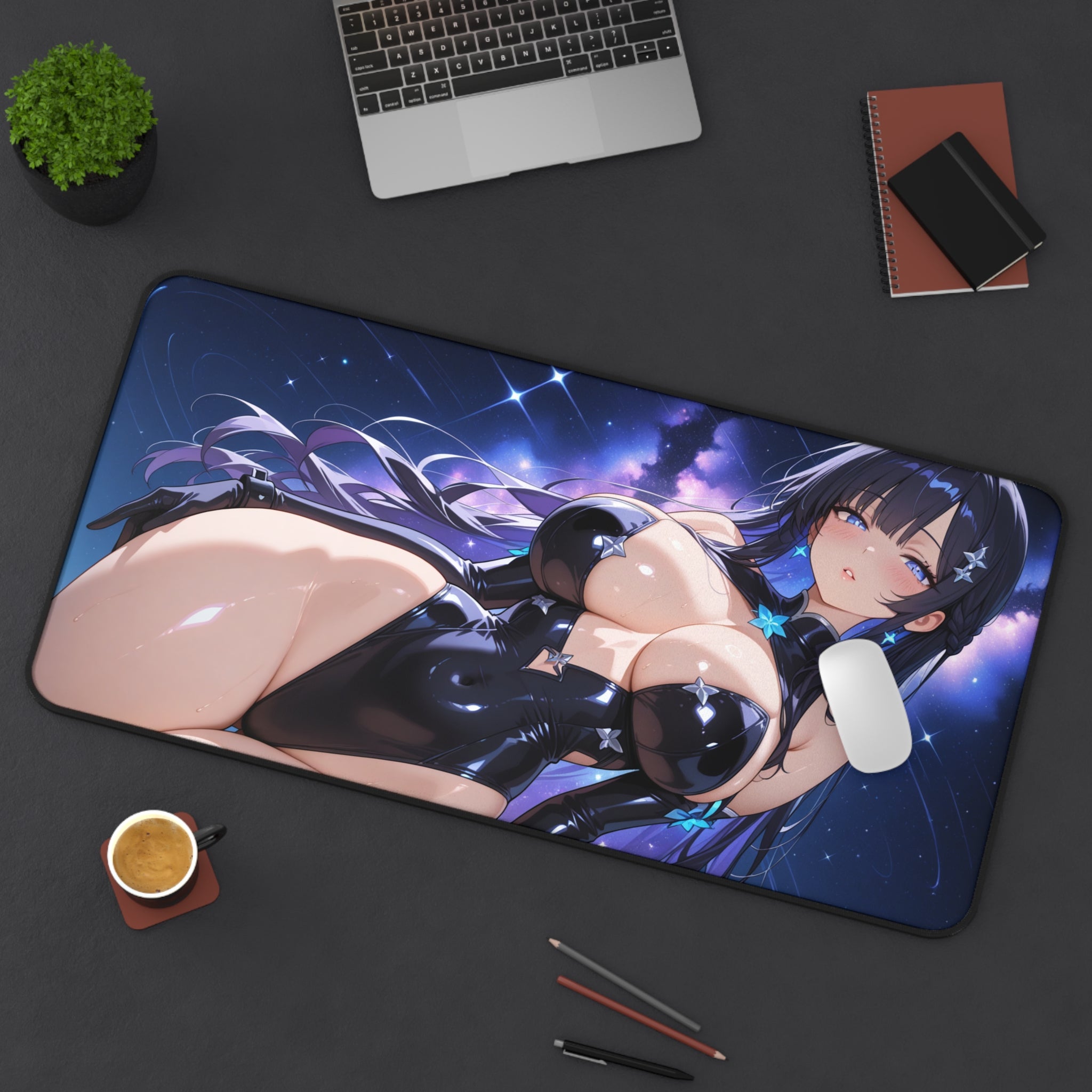 Anime-style mouse pad with character design on a desk setup.