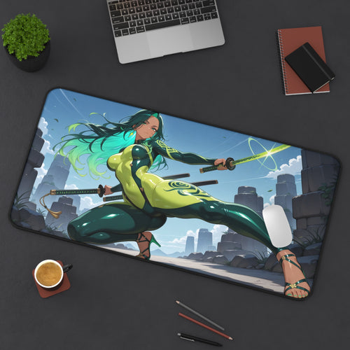 Desk setup with a large mouse pad featuring an animated character, laptop, cup, and stationery items.