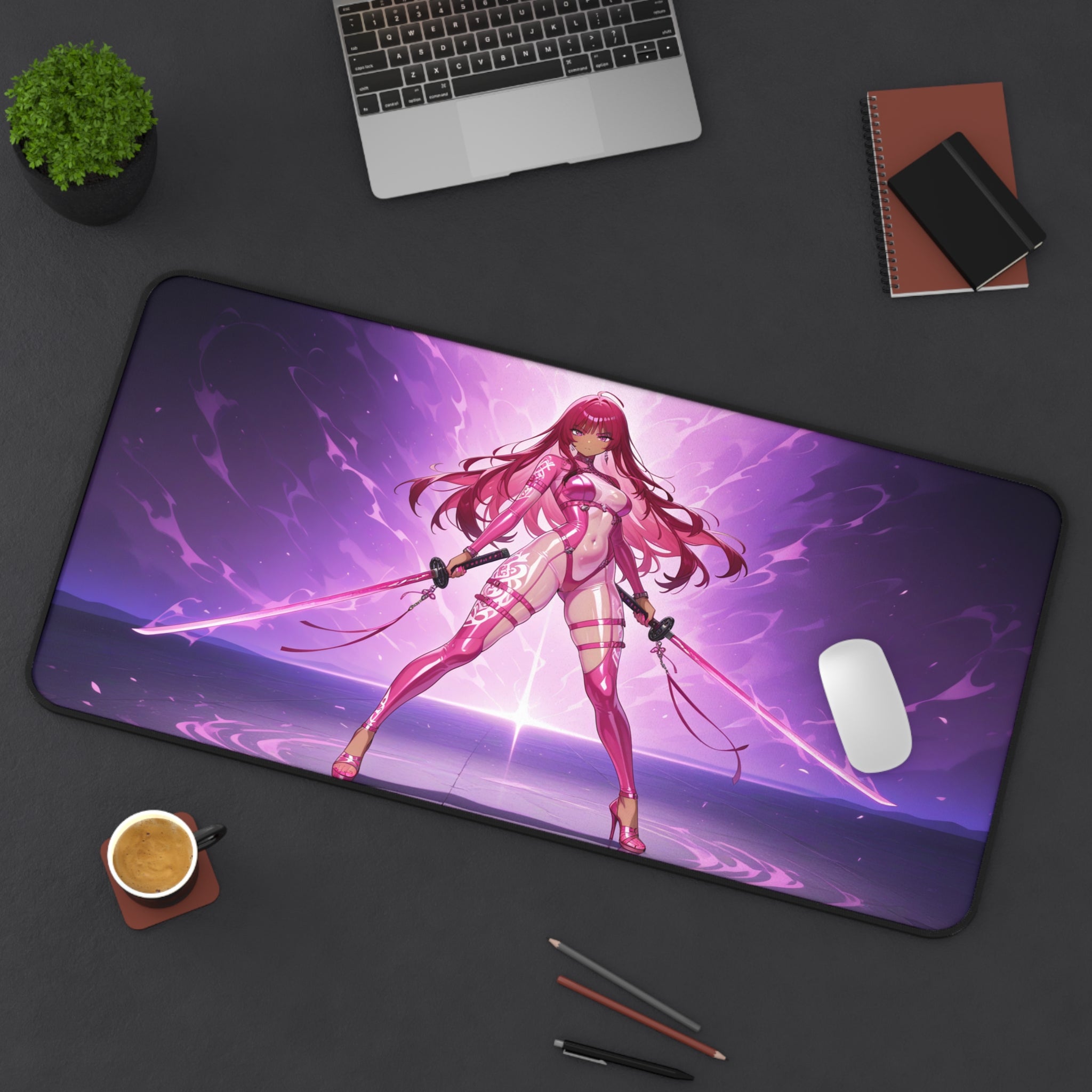 Desk setup with an anime-themed mouse pad featuring a character with pink hair and weapons.